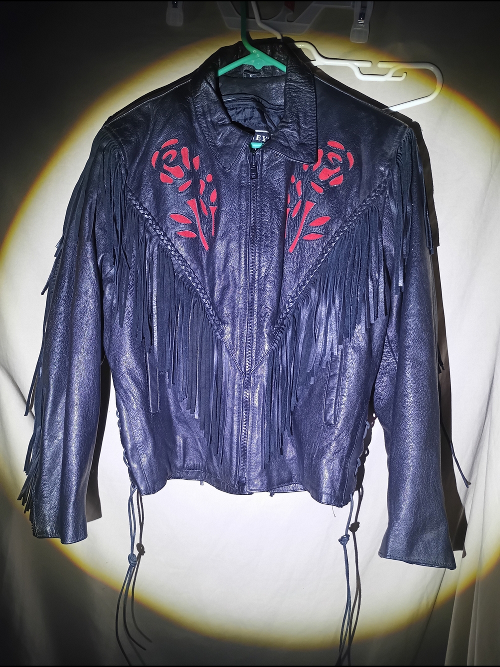 Vintage Barney's Leather Black Western Fringe Rose Inlay Biker Jacket Size L
